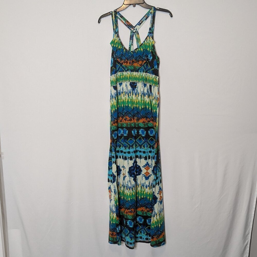 NO BOUNDARIES Blue/Green Knit Maxi Halter Tank Dress; Neck Ruffle; Size L
